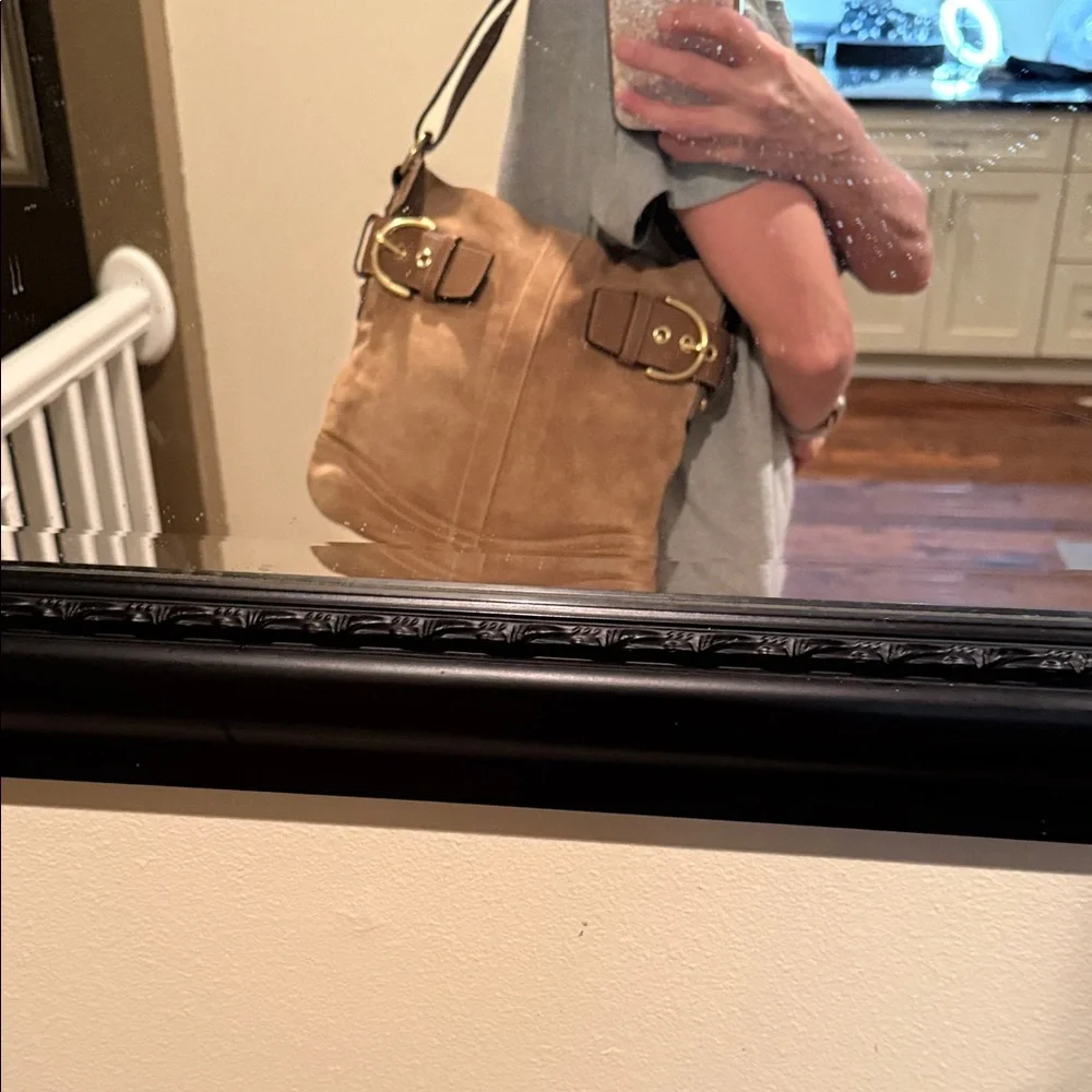 Coach Tan Suede SoHo Buckle Shoulder Bag with Buckle Accents